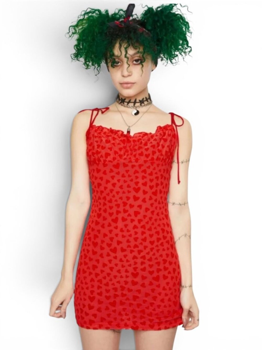 Motel Rocks Red Flocked Heart Mesh Mini Dress XXS